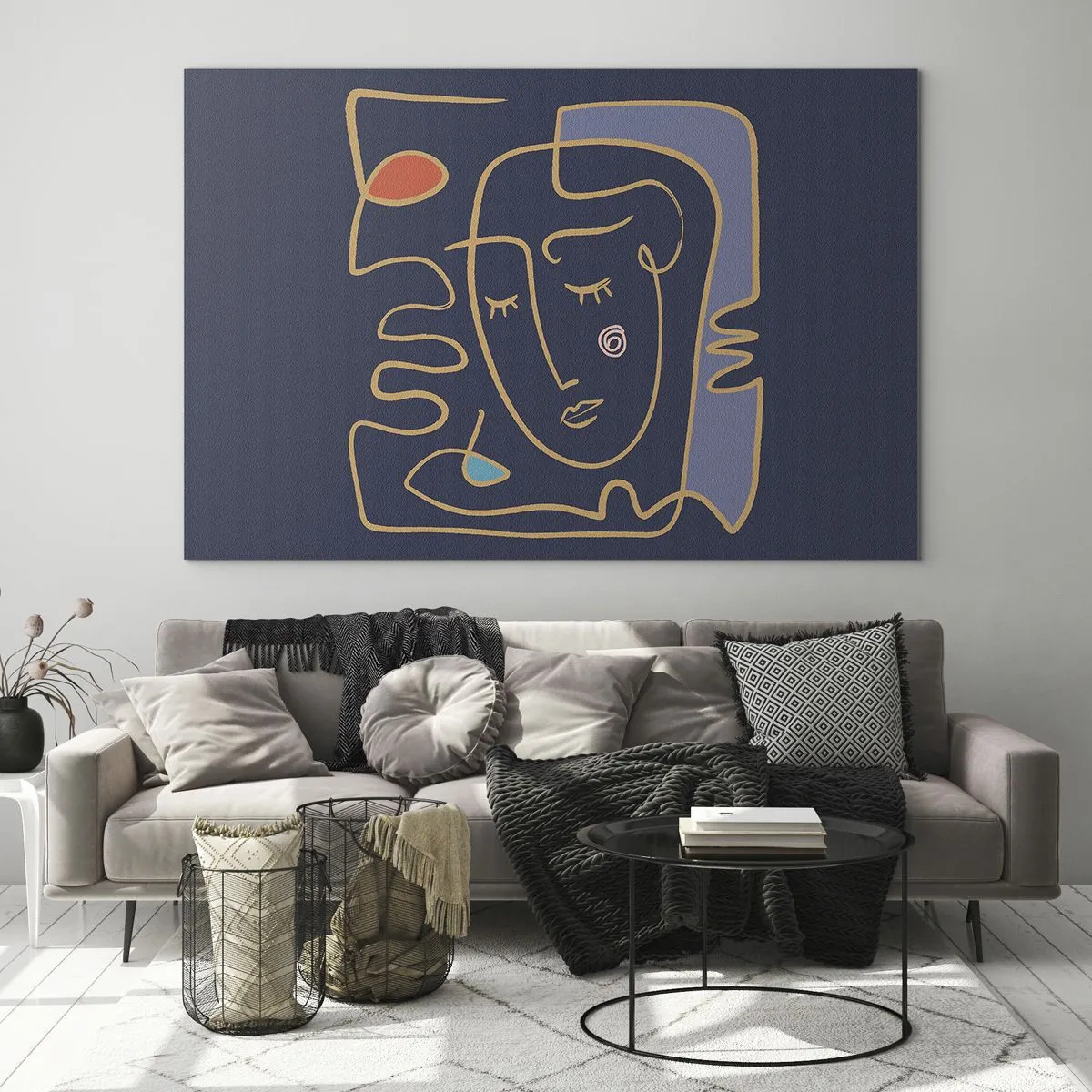 Quadro su vetro - Volto astratto in contorno su sfondo blu navy - 70x50cm - Pensierosa - Decorazione murale moderna per soggiorno e camera da letto ARTTOR