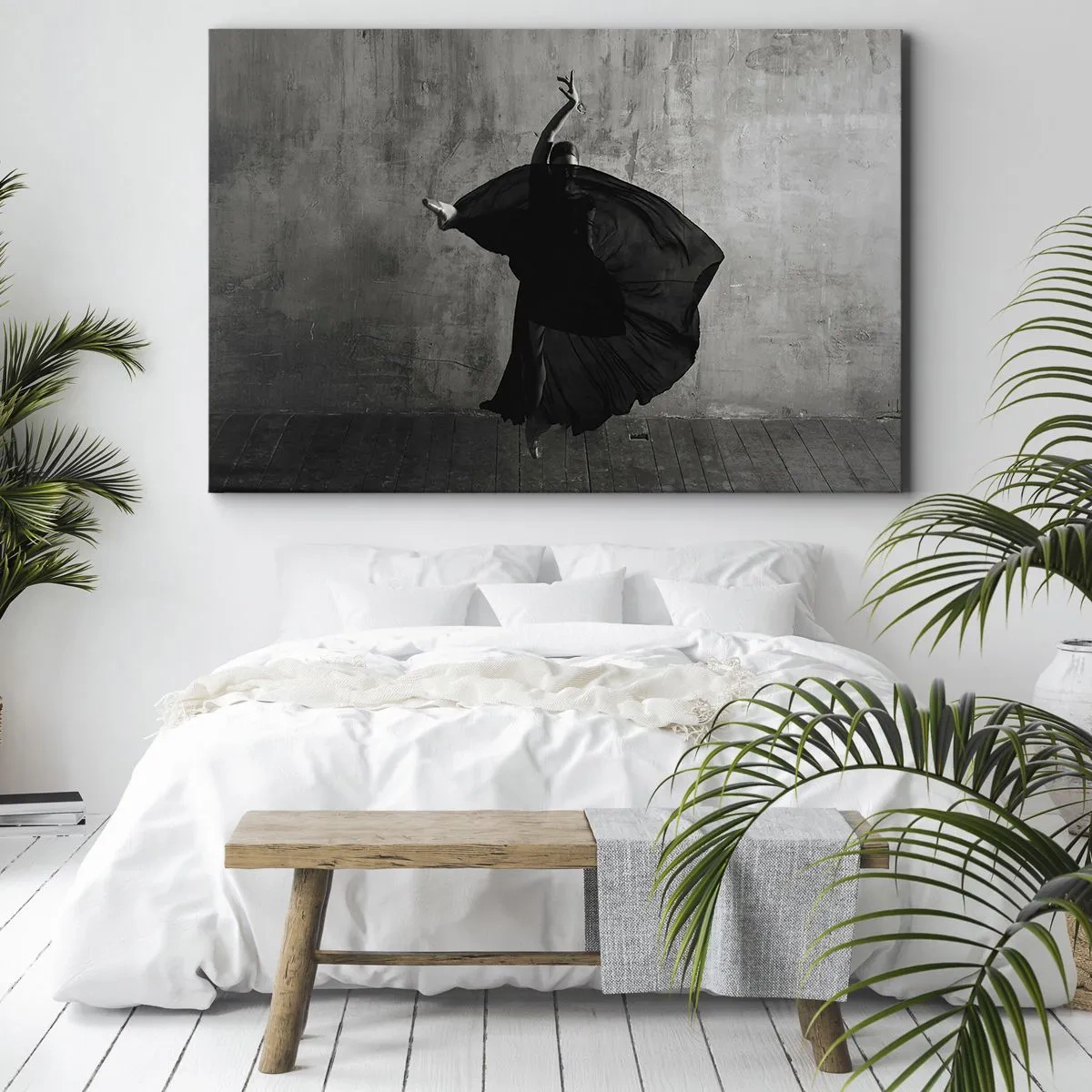 Quadro su tela - Stampe su Tela - Silhouette in bianco e nero di una ballerina in movimento su uno sfondo di muro - 70x50cm - Fasce piene di passione - Decorazione murale moderna per soggiorno e camera da letto ARTTOR