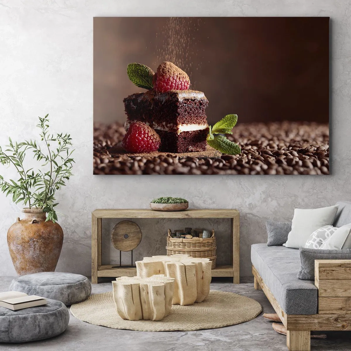Quadro su tela - Stampe su Tela - Torta al cioccolato con lamponi e menta su uno sfondo di fave di cacao - 70x50cm - La vita è dolce - Decorazione murale moderna per soggiorno e camera da letto ARTTOR