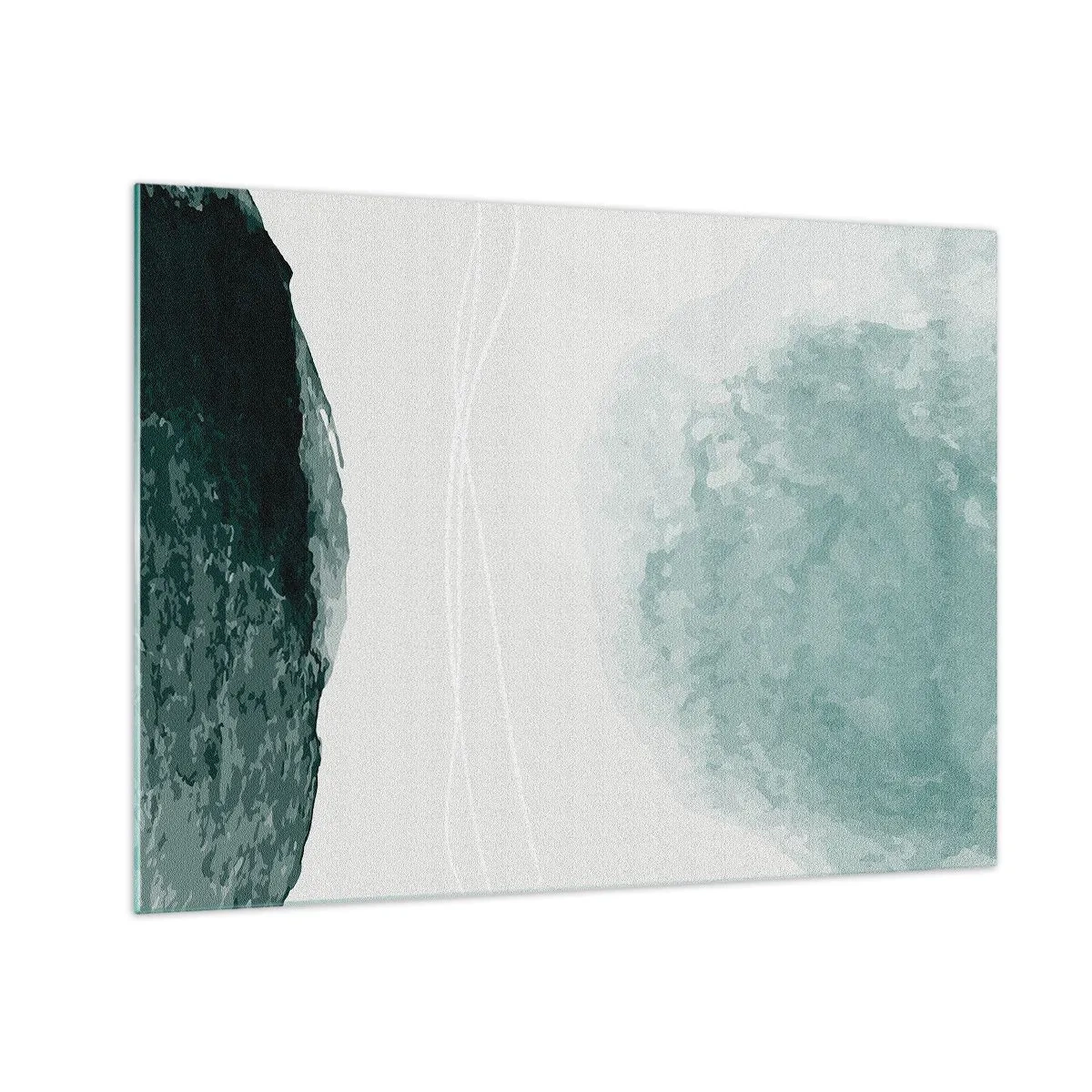 Quadro su vetro - Forme astratte verdi su uno sfondo chiaro che ricordano la nebbia - 70x50cm - Incontro con la nebbia - Decorazione murale moderna per soggiorno e camera da letto ARTTOR