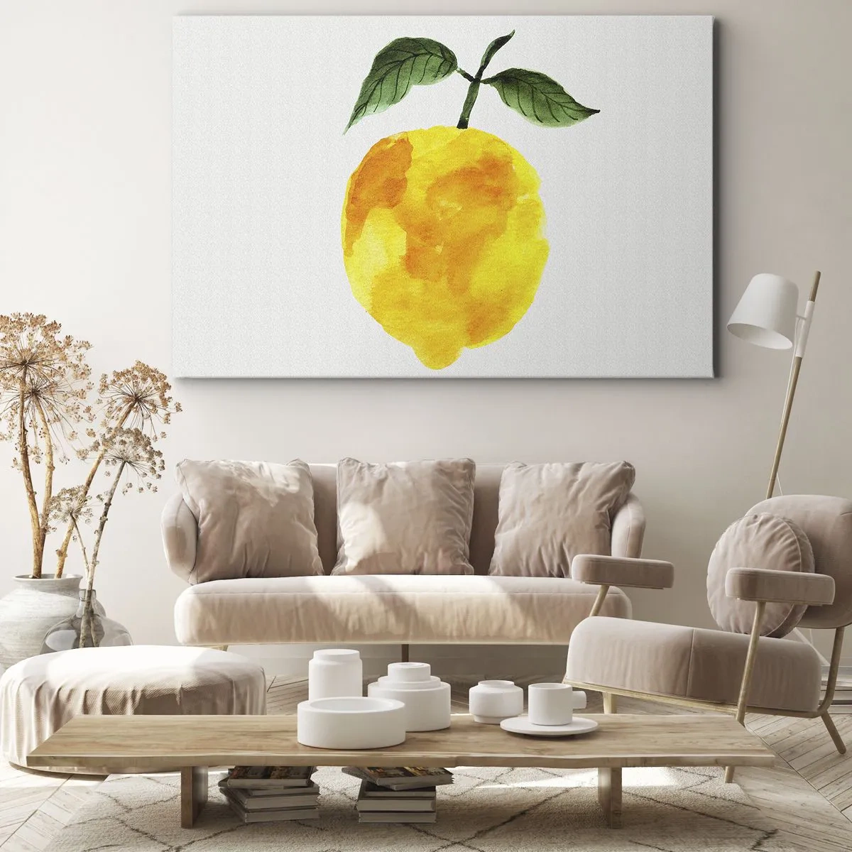 Quadro su tela - Stampe su Tela - Limone acquerello con foglie verdi su sfondo chiaro - 70x50cm - Scoprire il sapore del sole - Decorazione murale moderna per soggiorno e camera da letto ARTTOR
