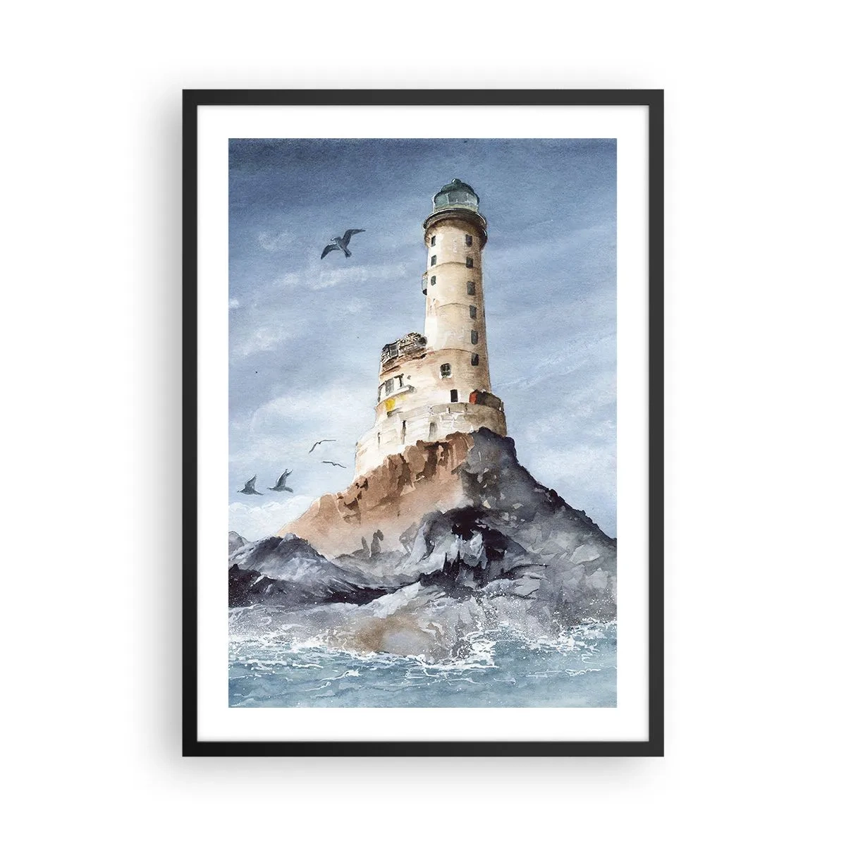 Poster in cornice nera - Un dipinto ad acquerello di un faro su una costa rocciosa - 50x70cm - Invincibile - Decorazione murale moderna per soggiorno e camera da letto ARTTOR