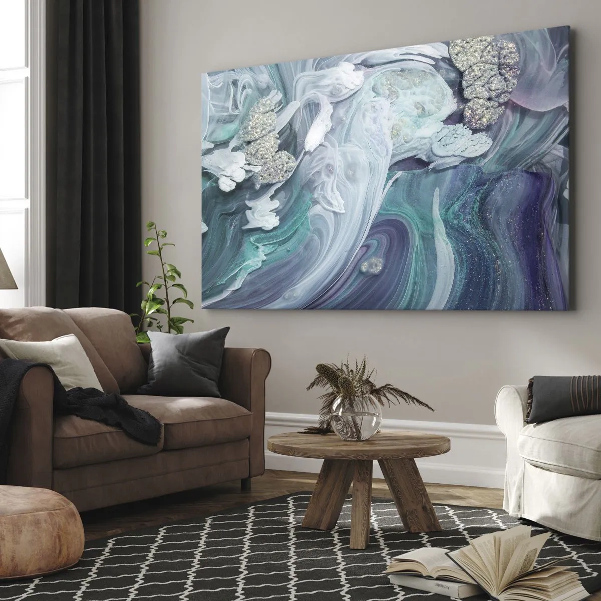 Quadro su tela - Stampe su Tela - Vortici astratti nei toni del blu e del bianco - 70x50cm - Correnti di blu - Decorazione murale moderna per soggiorno e camera da letto ARTTOR
