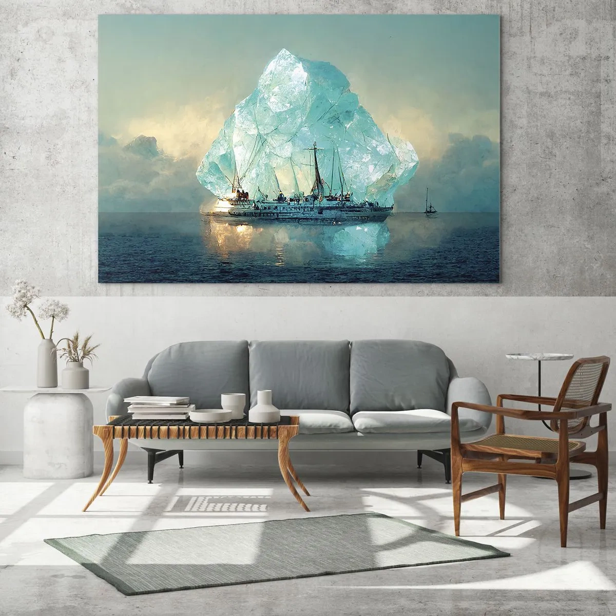 Quadro su vetro - Una nave a vela di fronte a un enorme ghiacciaio nella luce artica. - 70x50cm - Brillante artico - Decorazione murale moderna per soggiorno e camera da letto ARTTOR