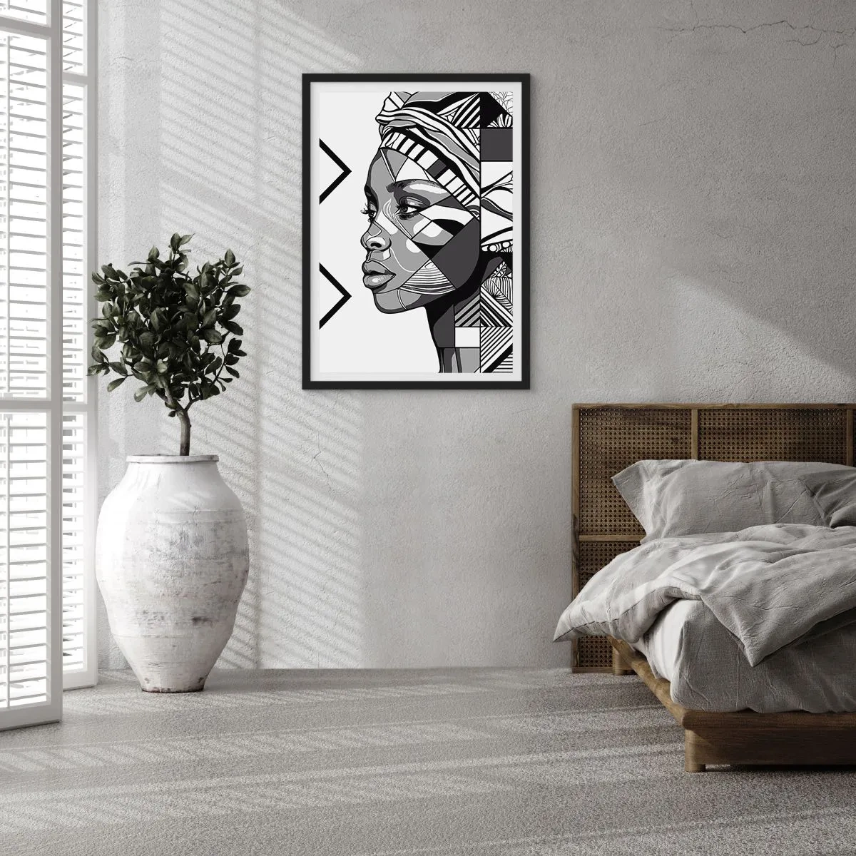 Poster in cornice nera - Ritratto geometrico di una donna in bianco e nero - 50x70cm - Ritratto etnico - Decorazione murale moderna per soggiorno e camera da letto ARTTOR