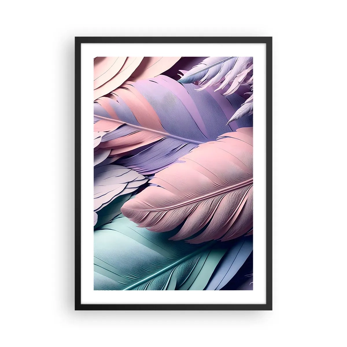 Poster in cornice nera - Piume pastello in delicate tonalità - 50x70cm - Eleganza per uccelli - Decorazione murale moderna per soggiorno e camera da letto ARTTOR