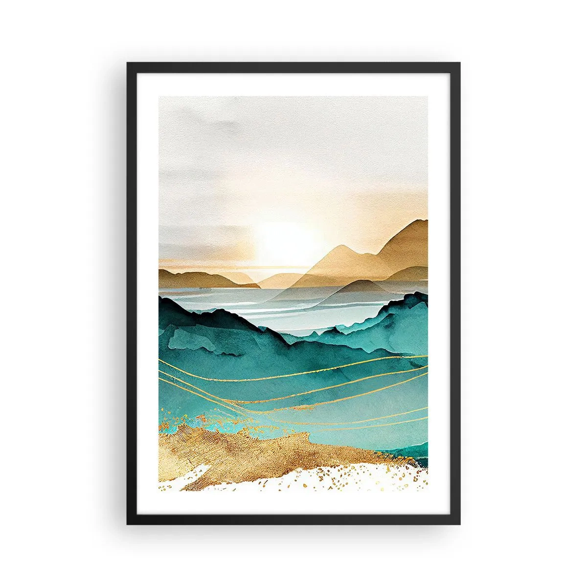 Poster in cornice nera - Un pittoresco paesaggio montano nei toni del turchese e dell'oro - 50x70cm - Paesaggio ai confini dell'astrazione - Decorazione murale moderna per soggiorno e camera da letto ARTTOR