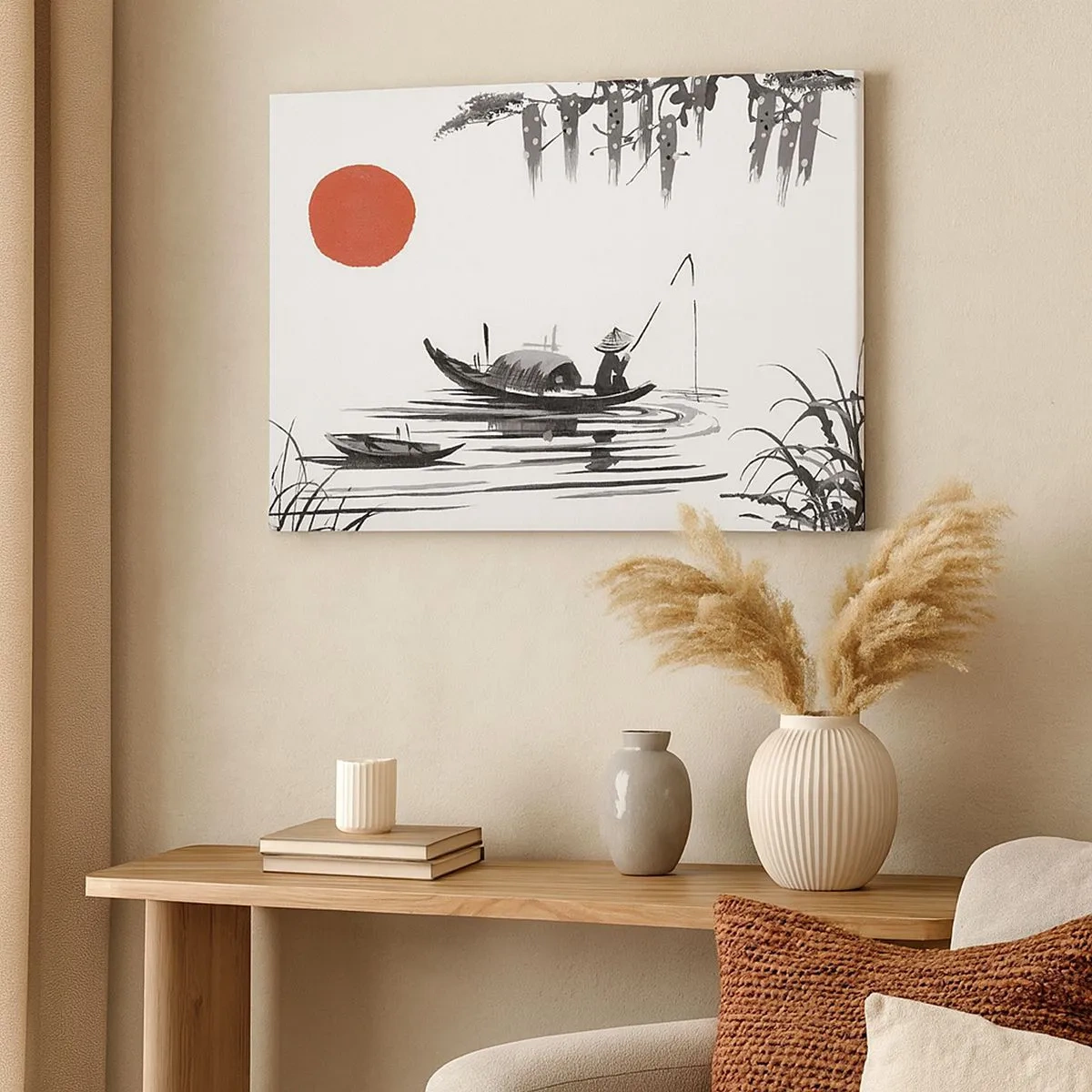 Quadro su tela - Stampe su Tela - Paesaggio orientale con un pescatore su una barca e un sole rosso - 70x50cm - Pomeriggio asiatico - Decorazione murale moderna per soggiorno e camera da letto ARTTOR