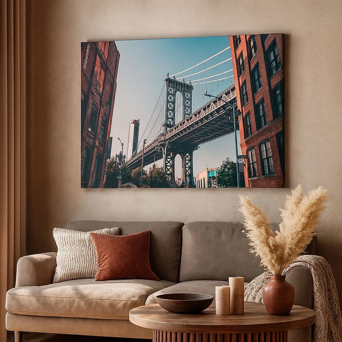 Quadro su tela - Stampe su Tela - Un ponte tra edifici in un paesaggio urbano - 70x50cm - Sopra le onde della città - Decorazione murale moderna per soggiorno e camera da letto ARTTOR