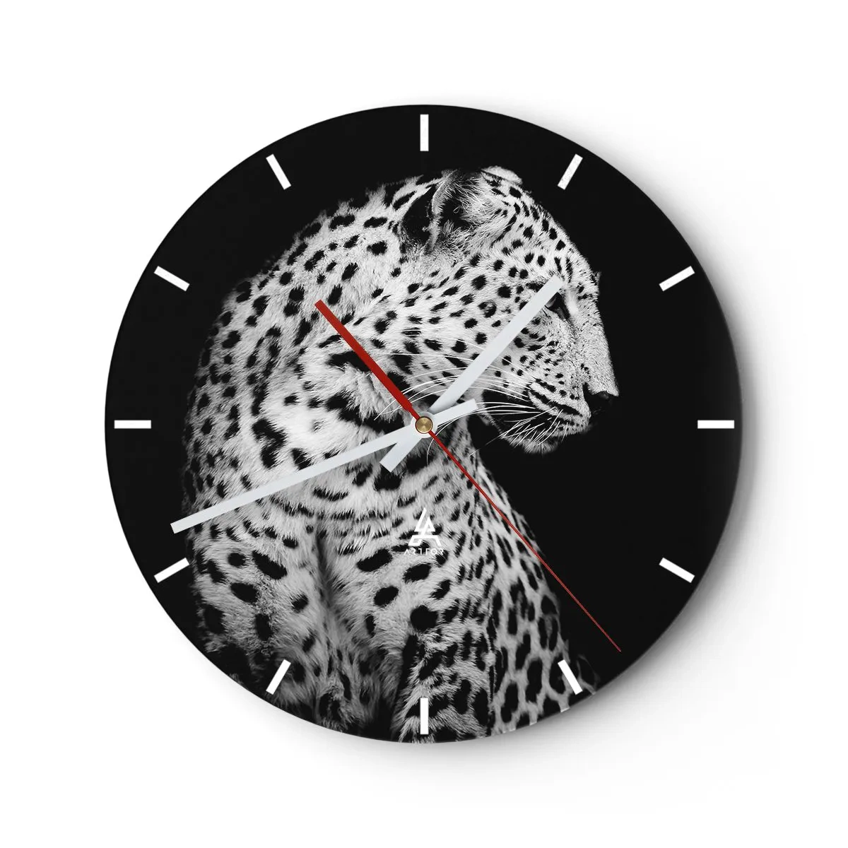 Orologio da parete - Orologio in Vetro - Ritratto in bianco e nero di un leopardo su sfondo nero - 30x30cm - Profilo destro perfetto! - Decorazione murale moderna per soggiorno, cucina e camera da letto ARTTOR