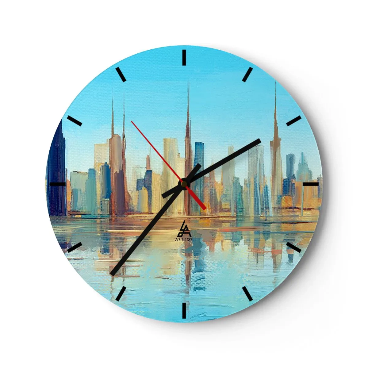 Orologio da parete - Orologio in Vetro - Il panorama della città riflesso nell'acqua con toni vivaci - 30x30cm - Metropoli assolata - Decorazione murale moderna per soggiorno, cucina e camera da letto ARTTOR
