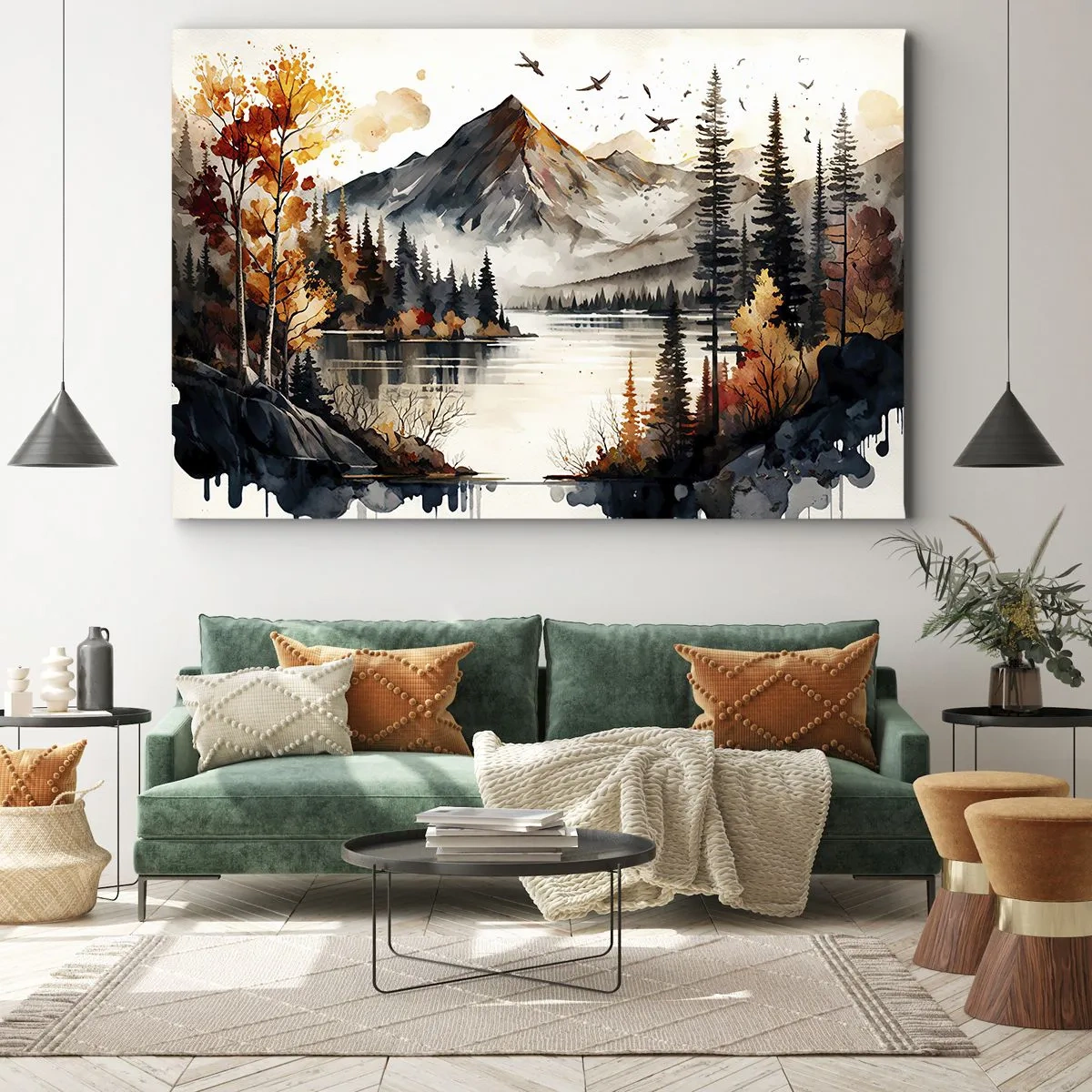 Quadro su tela - Stampe su Tela - Paesaggio montano autunnale con lago e alberi in acquerello - 70x50cm - L'autunno dorato sui monti - Decorazione murale moderna per soggiorno e camera da letto ARTTOR