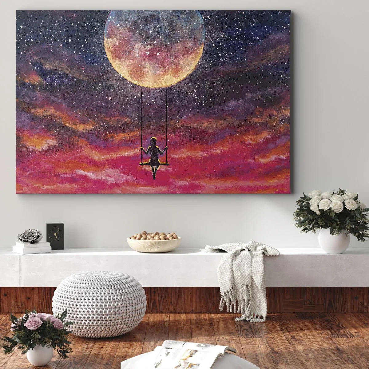 Quadro su tela - Stampe su Tela - Una figura su un'altalena sospesa contro la luna - 70x50cm - Con la testa tra le nuvole - Decorazione murale moderna per soggiorno e camera da letto ARTTOR