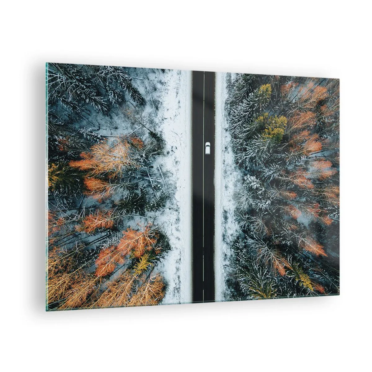 Quadro su vetro - Una strada invernale attraverso una foresta innevata con alberi colorati - 70x50cm - Tagliando la foresta invernale - Decorazione murale moderna per soggiorno e camera da letto ARTTOR