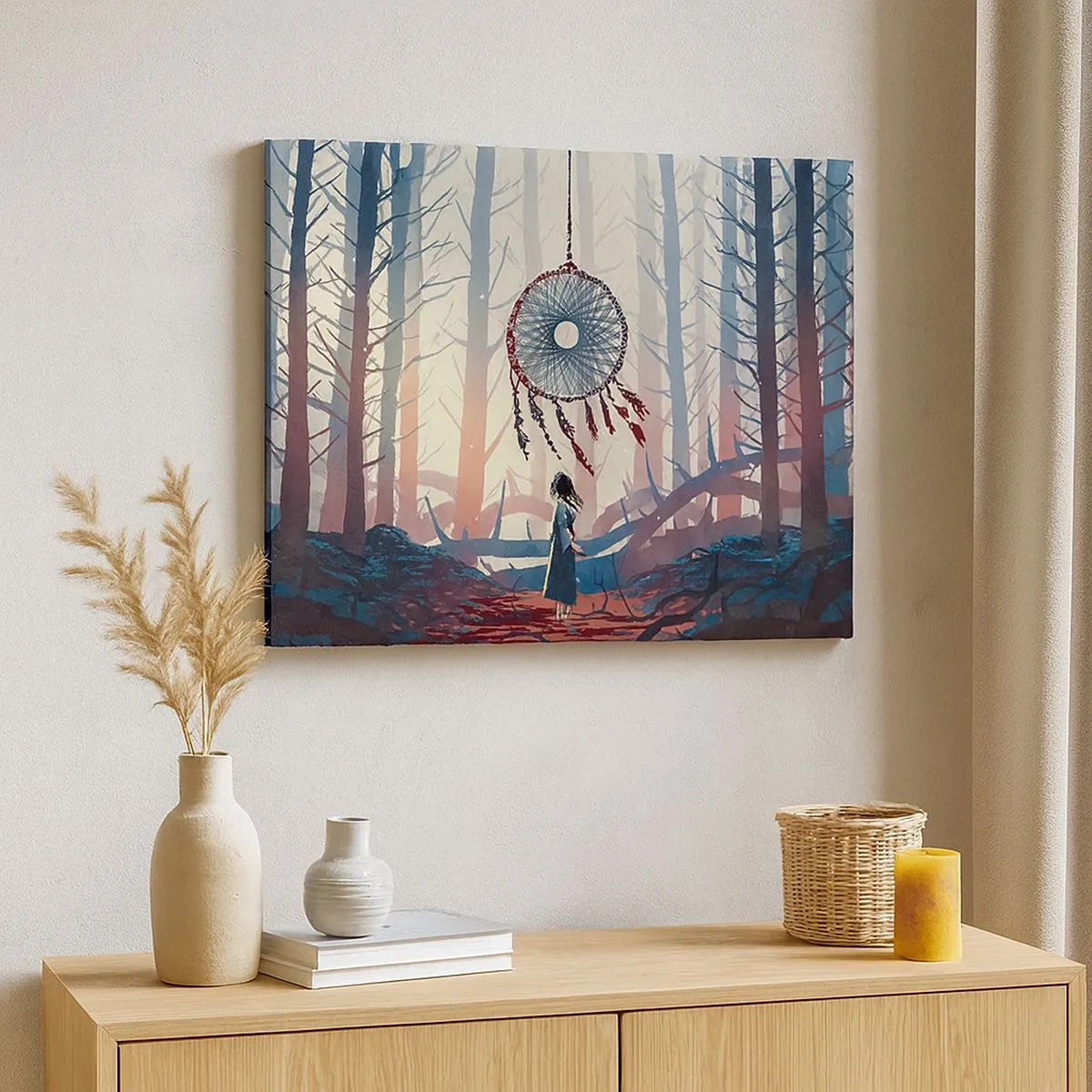 Quadro su tela - Stampe su Tela - Scena di foresta con un gigantesco acchiappasogni - 70x50cm - Il rituale segreto della felicità - Decorazione murale moderna per soggiorno e camera da letto ARTTOR