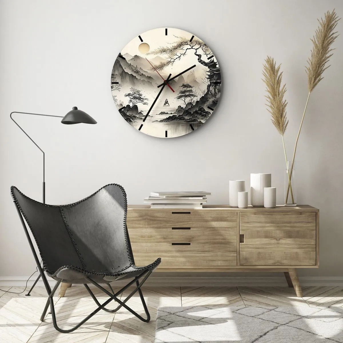 Orologio da parete - Orologio in Vetro - Dipinto a inchiostro cinese raffigurante un paesaggio montano con una pagoda e una valle nebbiosa - 30x30cm - Il fascino irripetibile dell'oriente