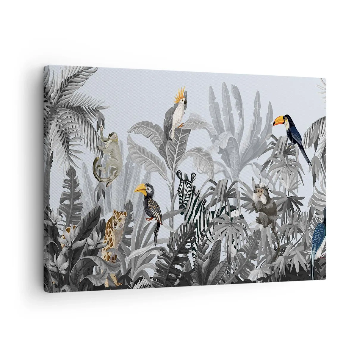 Quadro su tela - Stampe su Tela - Giungla tropicale con animali esotici su sfondo grigio - 70x50cm - Favola africana - Decorazione murale moderna per soggiorno e camera da letto ARTTOR