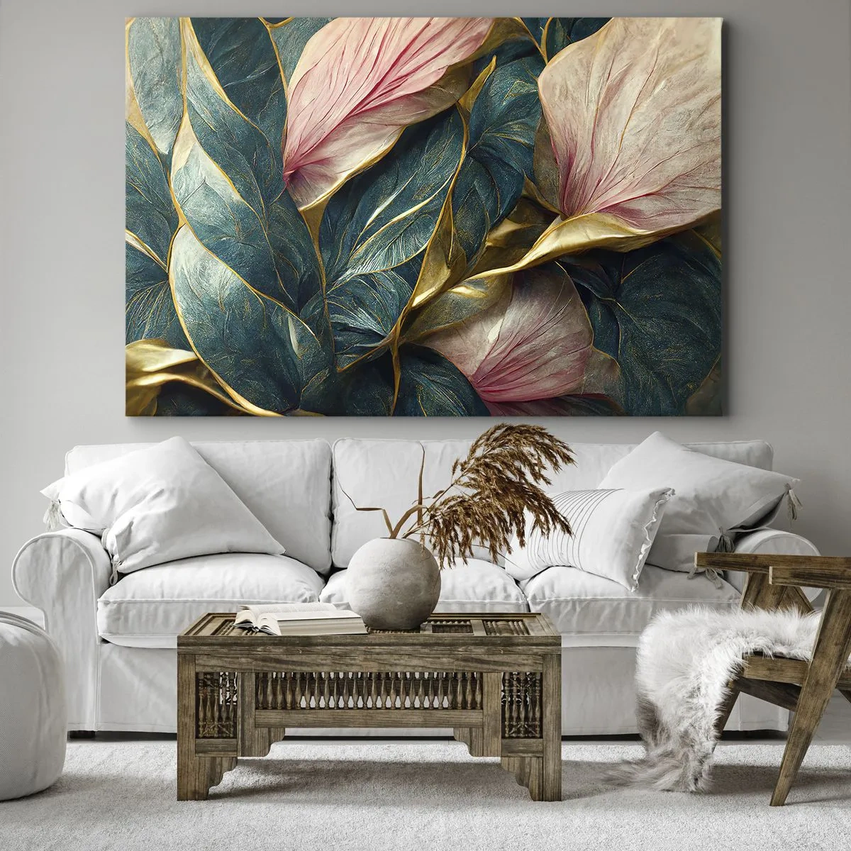 Quadro su tela - Stampe su Tela - Eleganti foglie in verde, oro e rosa - 70x50cm - Stile ed eleganza naturali - Decorazione murale moderna per soggiorno e camera da letto ARTTOR