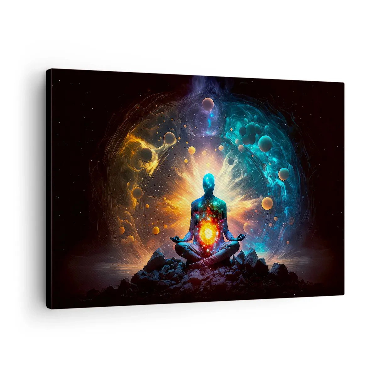 Quadro su tela - Stampe su Tela - Una figura in meditazione circondata da un'aura cosmica - 70x50cm - Pace cosmica - Decorazione murale moderna per soggiorno e camera da letto ARTTOR