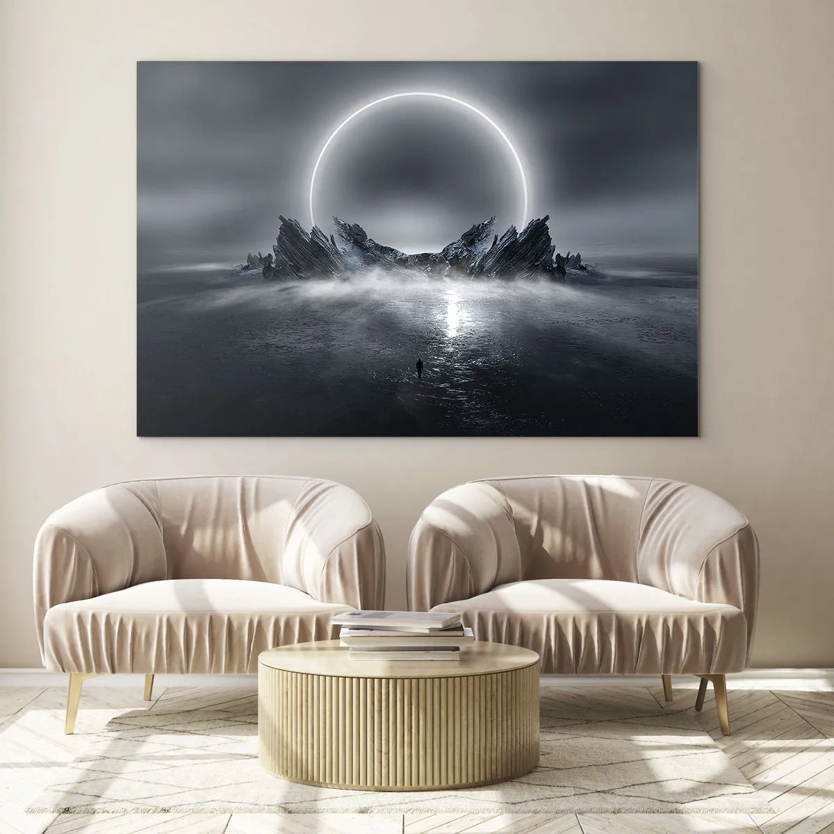 Quadro su vetro - Scena scura con eclissi e isola rocciosa - 70x50cm - La fine del racconto - Decorazione murale moderna per soggiorno e camera da letto ARTTOR