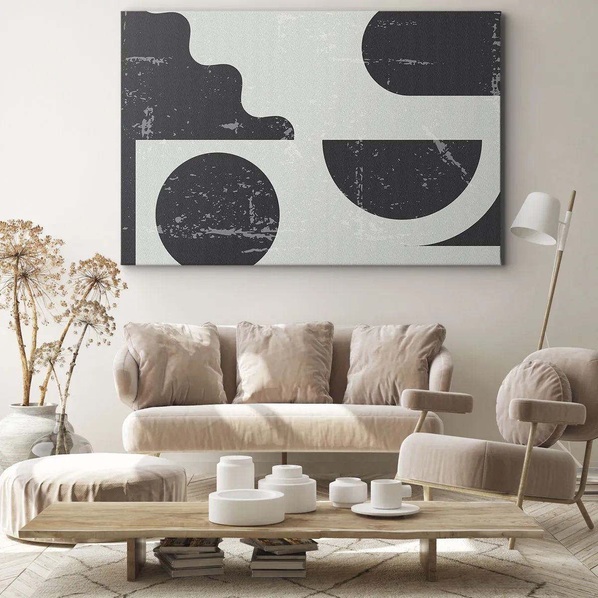 Quadro su tela - Stampe su Tela - Motivi geometrici nelle tonalità del nero e del grigio - 70x50cm - Composizione sopra e sotto - Decorazione murale moderna per soggiorno e camera da letto ARTTOR