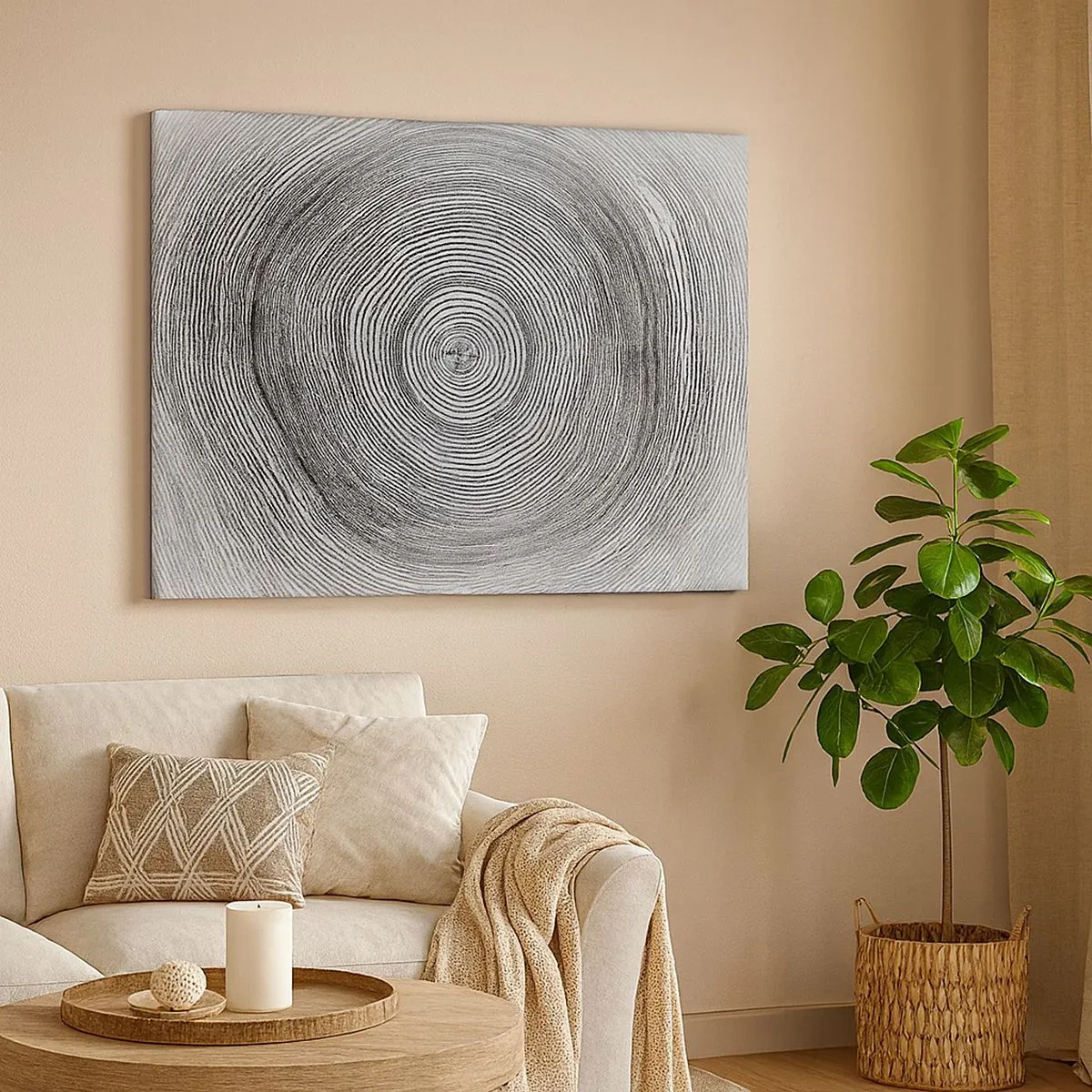 Quadro su tela - Stampe su Tela - Modello di anelli di un albero in bianco e nero che mostra una sezione trasversale del tronco - 70x50cm - I segni del tempo - Decorazione murale moderna per soggiorno e camera da letto ARTTOR