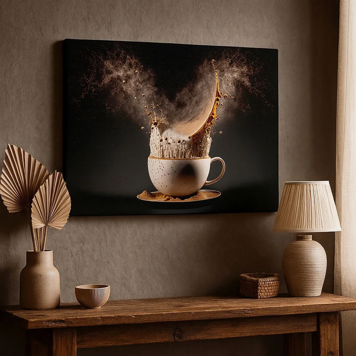 Quadro su tela - Stampe su Tela - Una tazza di caffè con un'esplosione dinamica di liquido su uno sfondo nero. - 70x50cm - Esplosione di sapore - Decorazione murale moderna per soggiorno e camera da letto ARTTOR