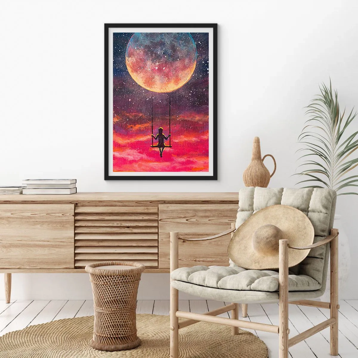 Poster in cornice nera - Ragazza sull'altalena sotto la luna piena - 50x70cm - Con la testa tra le nuvole - Decorazione murale moderna per soggiorno e camera da letto ARTTOR