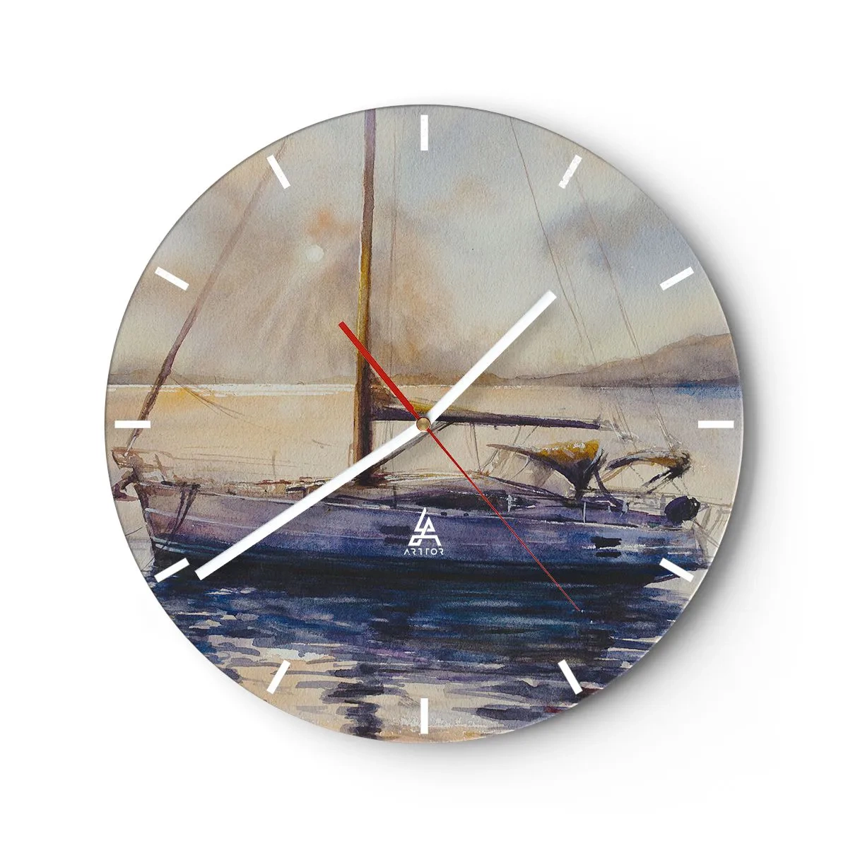 Orologio da parete - Orologio in Vetro - Uno yacht sull'acqua al tramonto in stile acquerello - 30x30cm - La sera nel golfo - Decorazione murale moderna per soggiorno, cucina e camera da letto ARTTOR