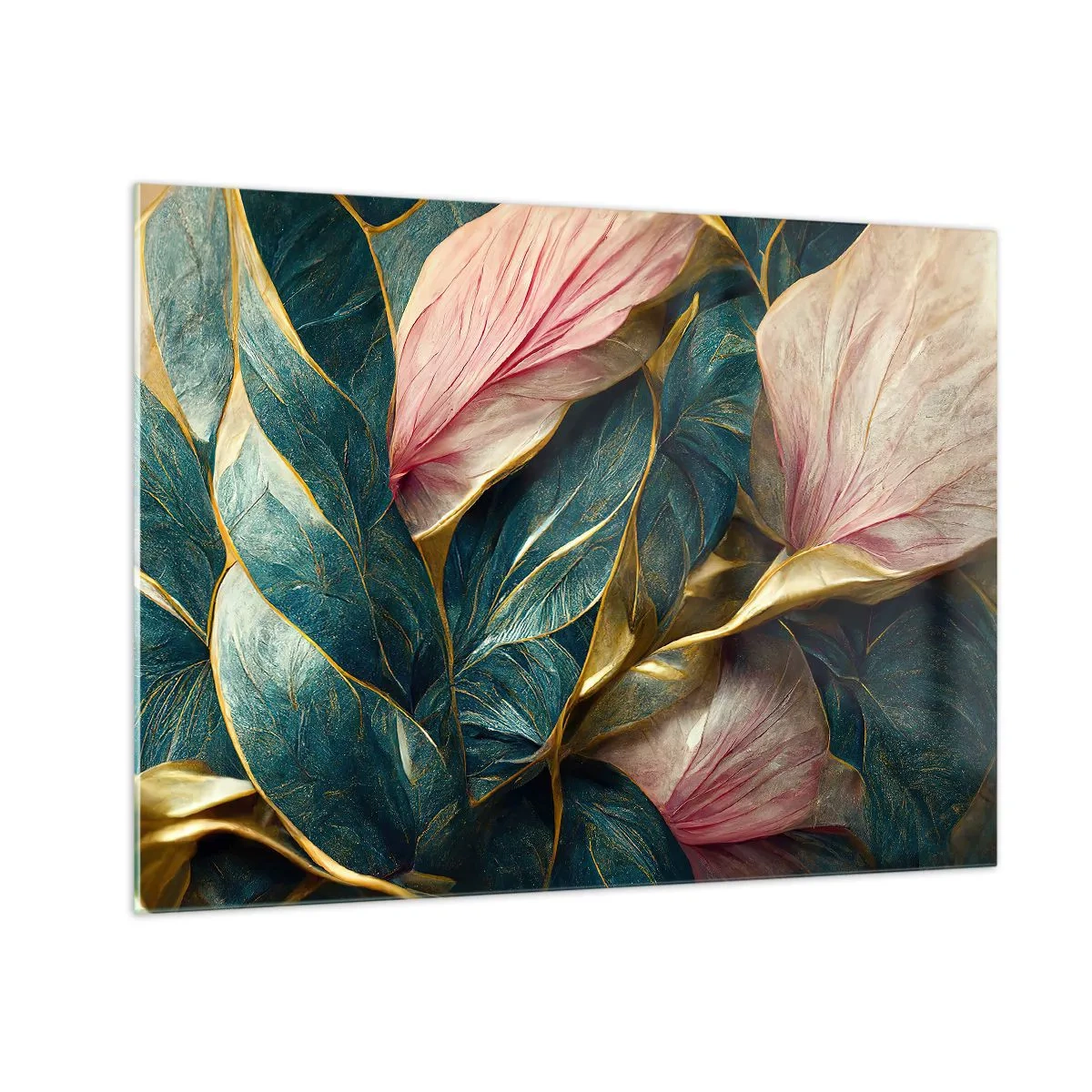 Quadro su vetro - Foglie verdi e rosa con accenti dorati - 70x50cm - Stile ed eleganza naturali - Decorazione murale moderna per soggiorno e camera da letto ARTTOR