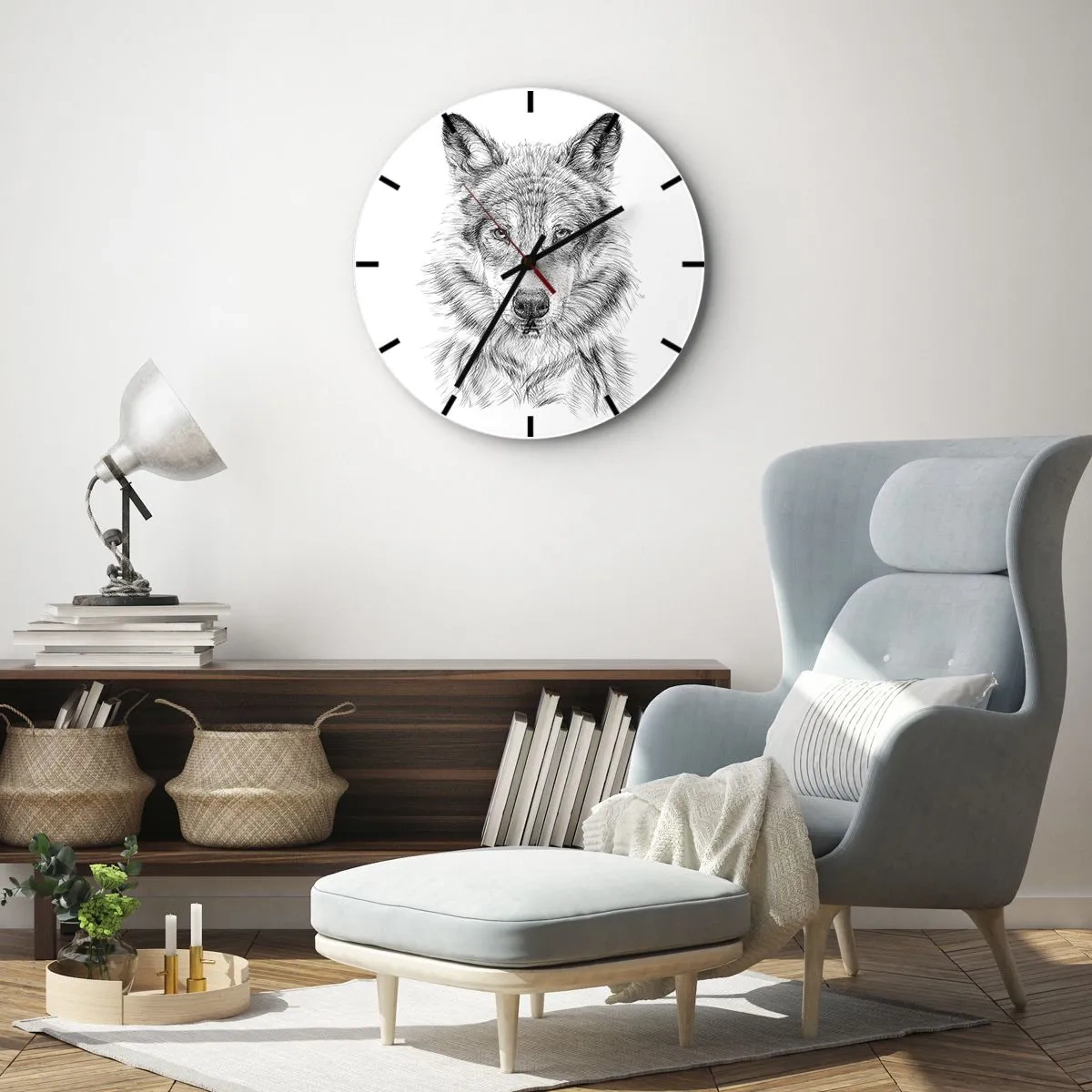 Orologio da parete - Orologio in Vetro - Schizzo in bianco e nero di una testa di lupo su uno sfondo bianco - 30x30cm - Condottiero nato - Decorazione murale moderna per soggiorno, cucina e camera da letto ARTTOR