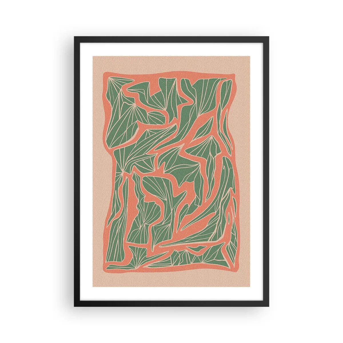 Poster in cornice nera - Motivo astratto a foglie nei toni del verde e della terracotta - 50x70cm - La lotta tra il corallo e il verde - Decorazione murale moderna per soggiorno e camera da letto ARTTOR