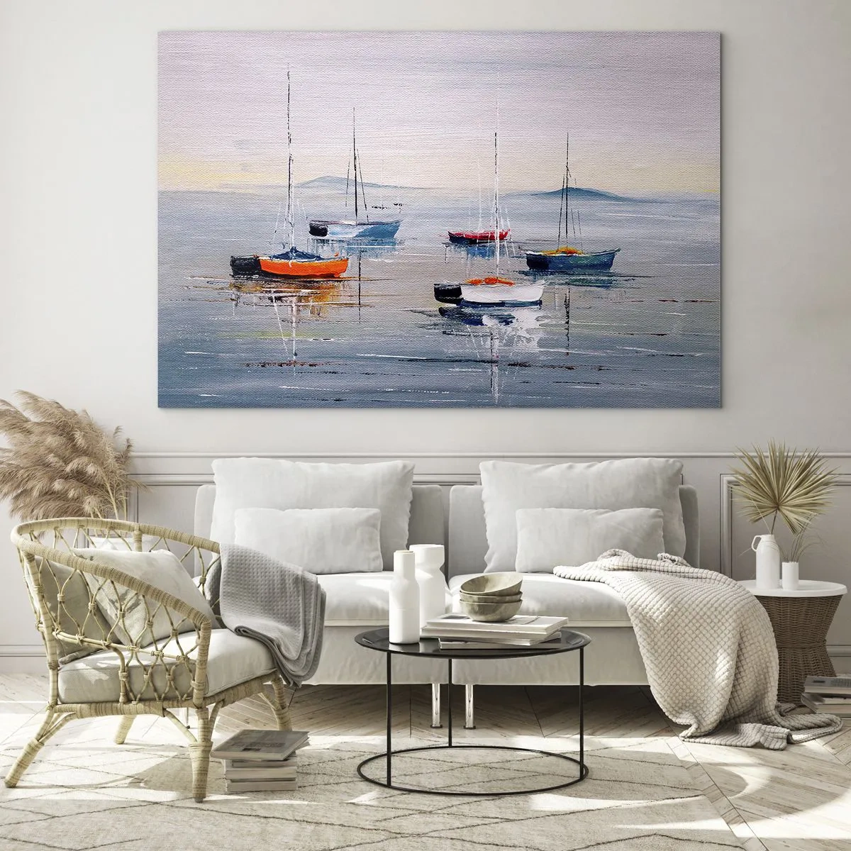 Quadro su vetro - Barche colorate che vanno alla deriva sulle acque calme al tramonto - 70x50cm - Meritato riposo - Decorazione murale moderna per soggiorno e camera da letto ARTTOR