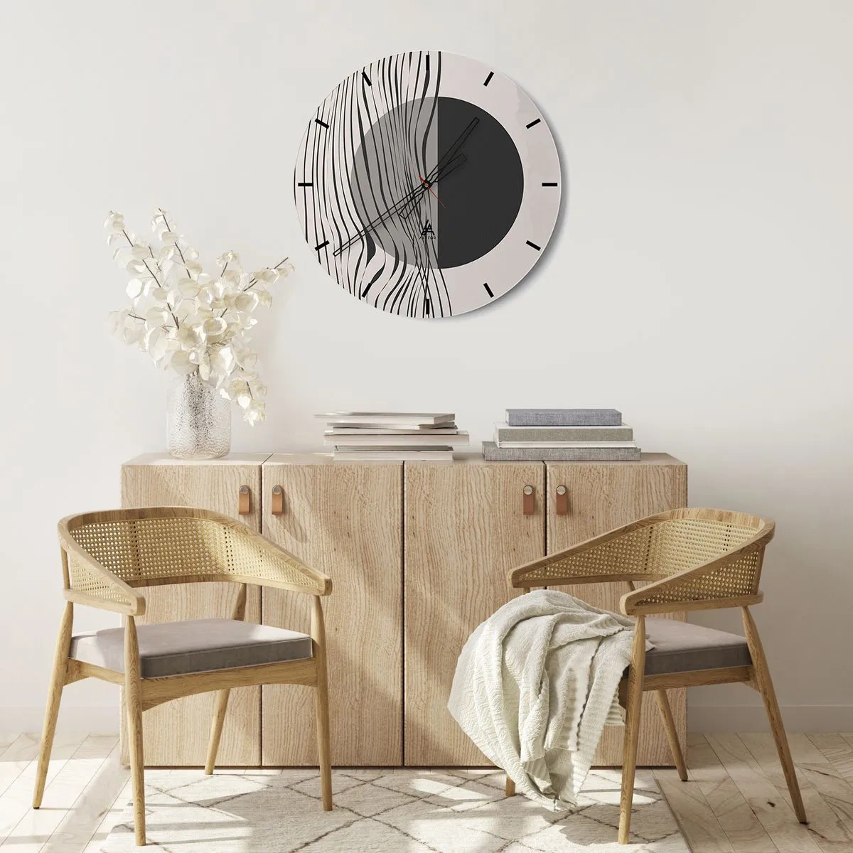 Orologio da parete - Orologio in Vetro - Composizione astratta con onde e un cerchio - 30x30cm - Composizione a metà - Decorazione murale moderna per soggiorno, cucina e camera da letto ARTTOR