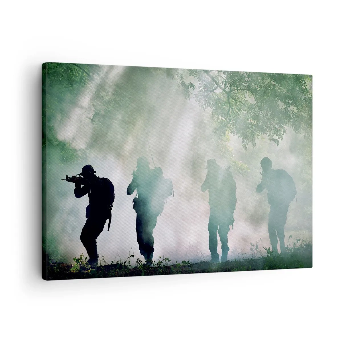 Quadro su tela - Stampe su Tela - Sagome di soldati in una foresta circondata dalla nebbia - 70x50cm - Uno per tutti… - Decorazione murale moderna per soggiorno e camera da letto ARTTOR