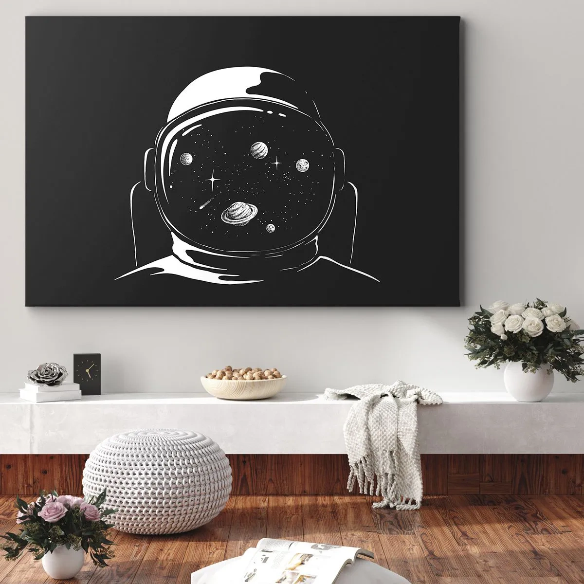 Quadro su tela - Stampe su Tela - Un casco da astronauta minimalista con vista sullo spazio - 70x50cm - Panorama niente male - Decorazione murale moderna per soggiorno e camera da letto ARTTOR