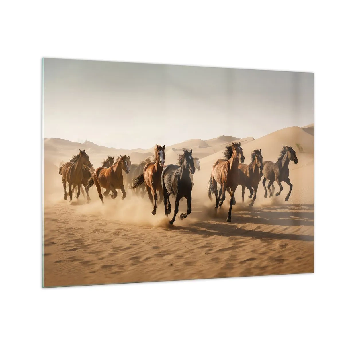 Quadro su vetro - Una mandria di cavalli al galoppo nel deserto tra le dune di sabbia - 70x50cm - Liberi come il vento - Decorazione murale moderna per soggiorno e camera da letto ARTTOR