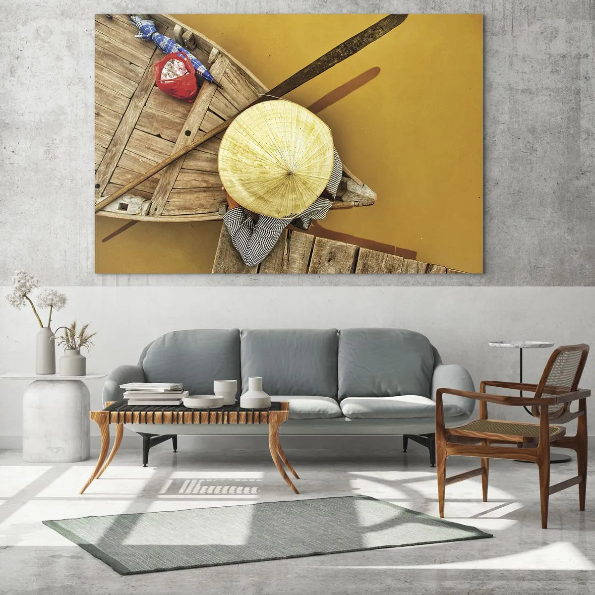 Quadro su vetro - Vista dall'alto di una barca e di una persona che indossa un cappello conico - 70x50cm - Vita sul Fiume Giallo - Decorazione murale moderna per soggiorno e camera da letto ARTTOR