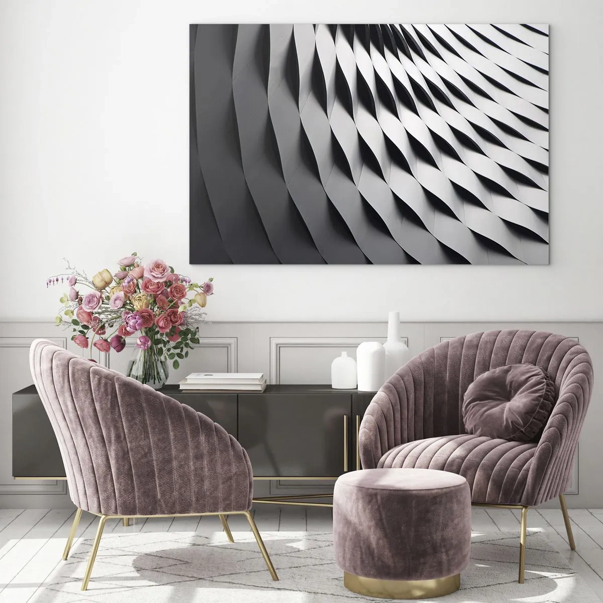 Quadro su vetro - Una struttura astratta in bianco e nero che ricorda forme ondulate. - 70x50cm - Sulla cresta dell'onda - Decorazione murale moderna per soggiorno e camera da letto ARTTOR