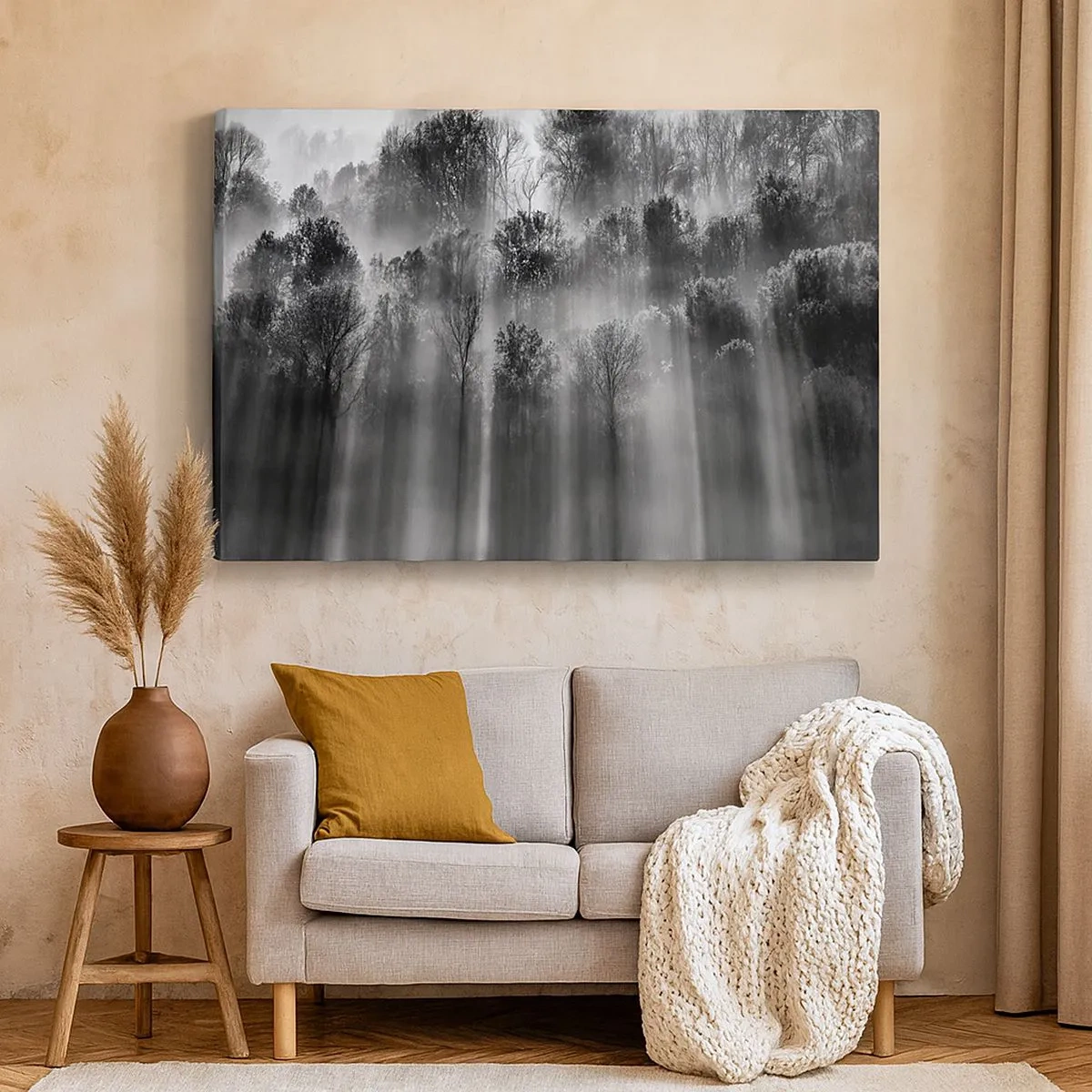 Quadro su tela - Stampe su Tela - Foresta in bianco e nero alla luce del mattino - 70x50cm - Nei getti di luce - Decorazione murale moderna per soggiorno e camera da letto ARTTOR