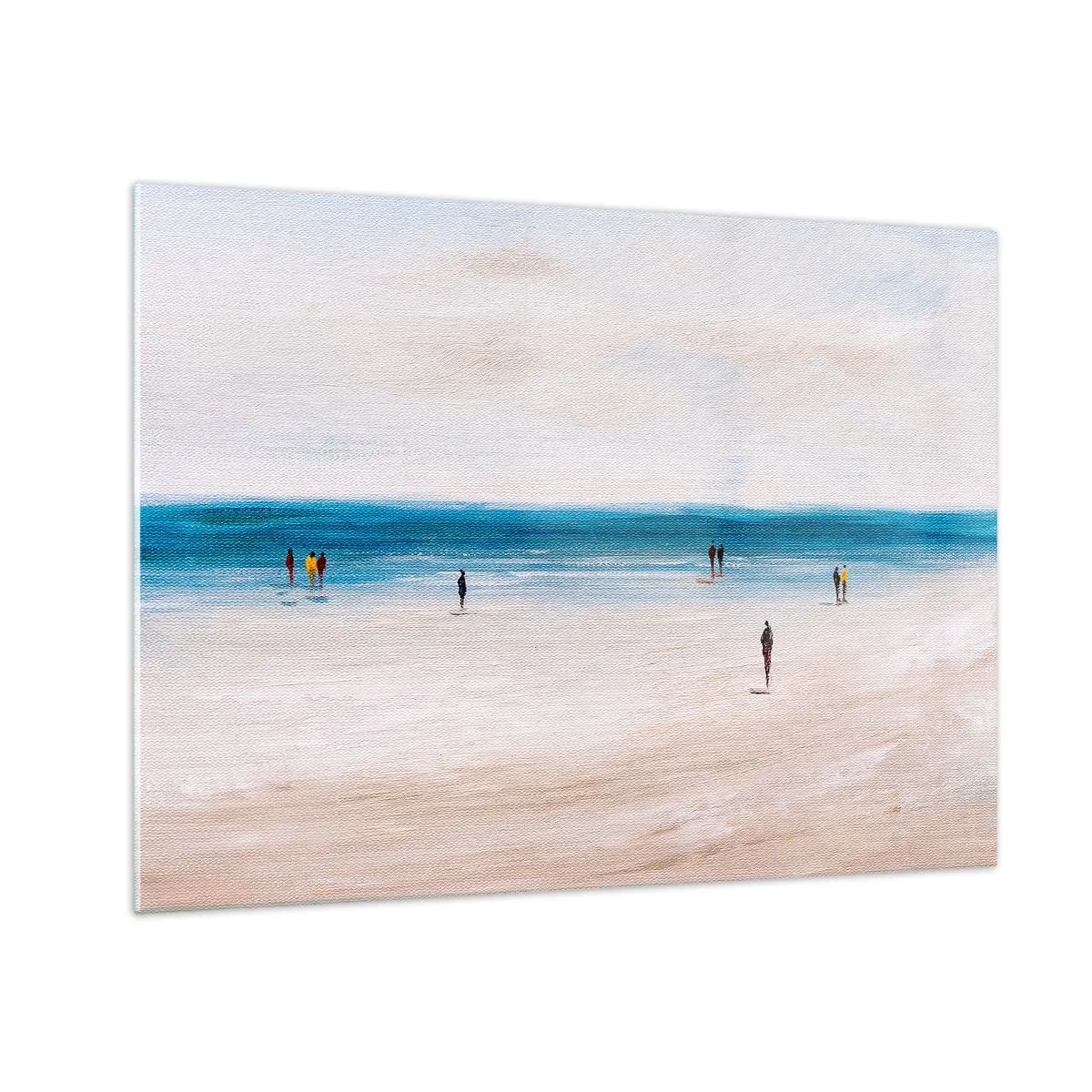 Quadro su vetro - Una spiaggia tranquilla con sagome di persone che camminano lungo la linea del mare - 70x50cm - Un bisogno naturale - Decorazione murale moderna per soggiorno e camera da letto ARTTOR