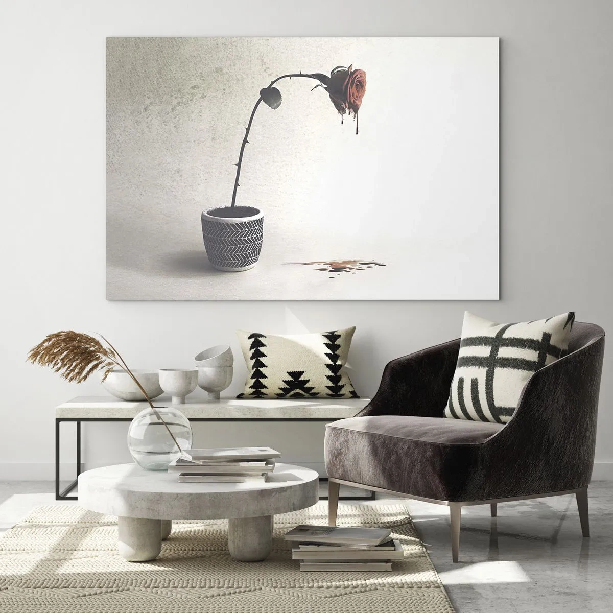 Quadro su vetro - Una rosa simbolica in un vaso con vernice gocciolante - 70x50cm - Rosa dolorosa - Decorazione murale moderna per soggiorno e camera da letto ARTTOR