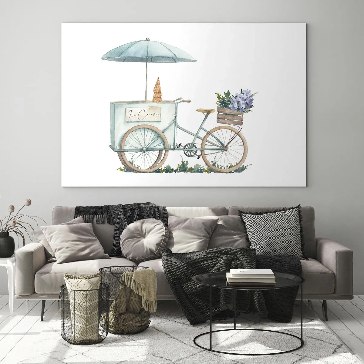 Quadro su vetro - Una bicicletta con gelato e fiori pastello - 70x50cm - Dolce ricordo d'estate - Decorazione murale moderna per soggiorno e camera da letto ARTTOR