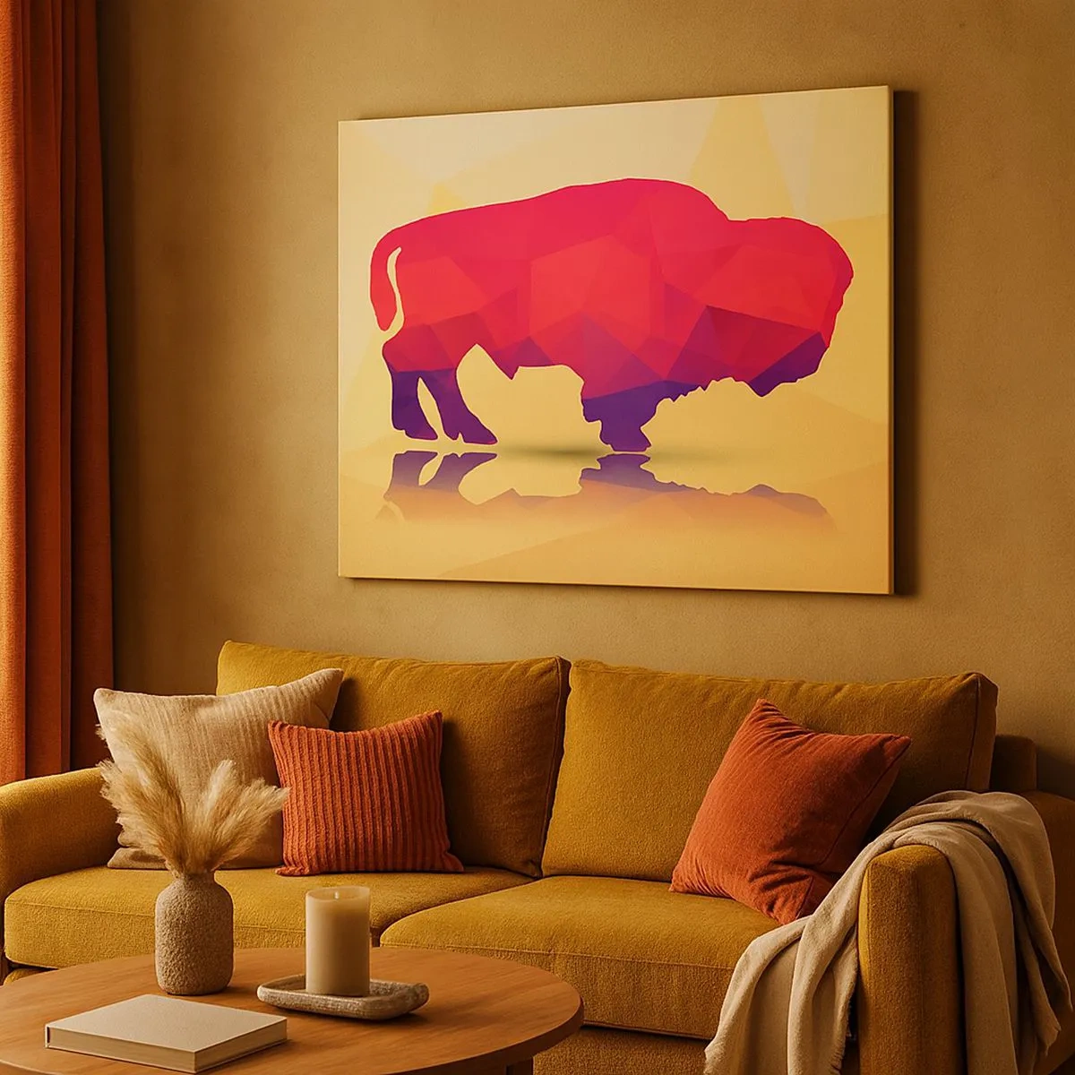 Quadro su tela - Stampe su Tela - Silhouette geometrica di un bisonte nei toni del rosso e del viola - 70x50cm - La forza del bisonte amaranto - Decorazione murale moderna per soggiorno e camera da letto ARTTOR