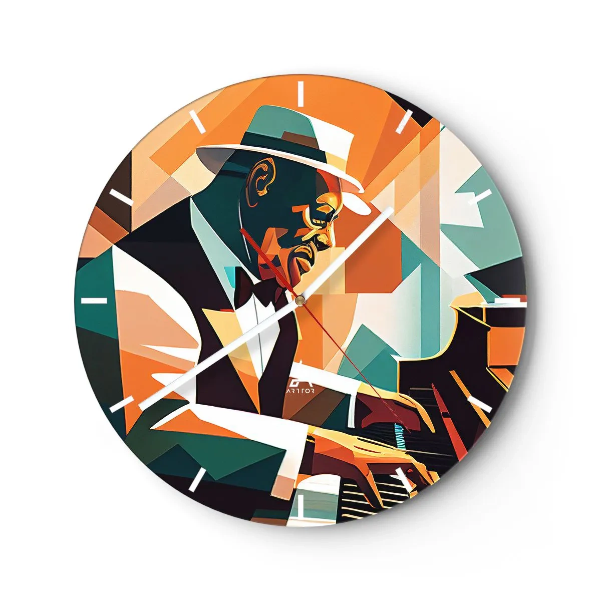 Orologio da parete - Orologio in Vetro - Musicista jazz al pianoforte in stile geometrico - 30x30cm - Tutto il jazz - Decorazione murale moderna per soggiorno, cucina e camera da letto ARTTOR