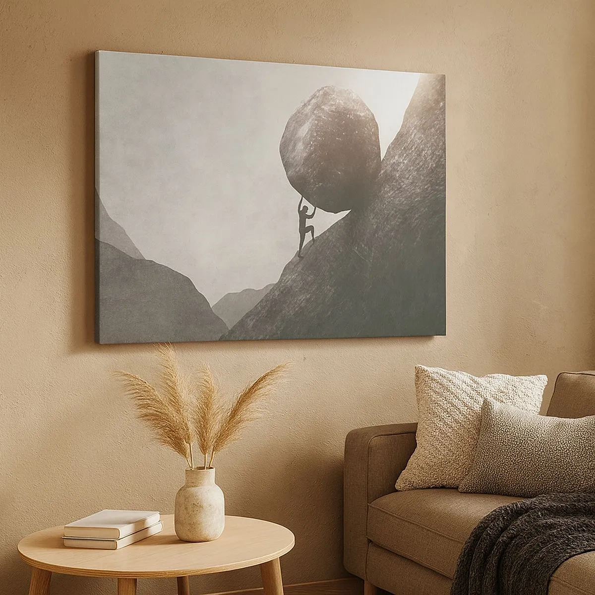 Quadro su tela - Stampe su Tela - Un uomo che scala un enorme masso su una collina - 70x50cm - Credo contro ogni speranza - Decorazione murale moderna per soggiorno e camera da letto ARTTOR