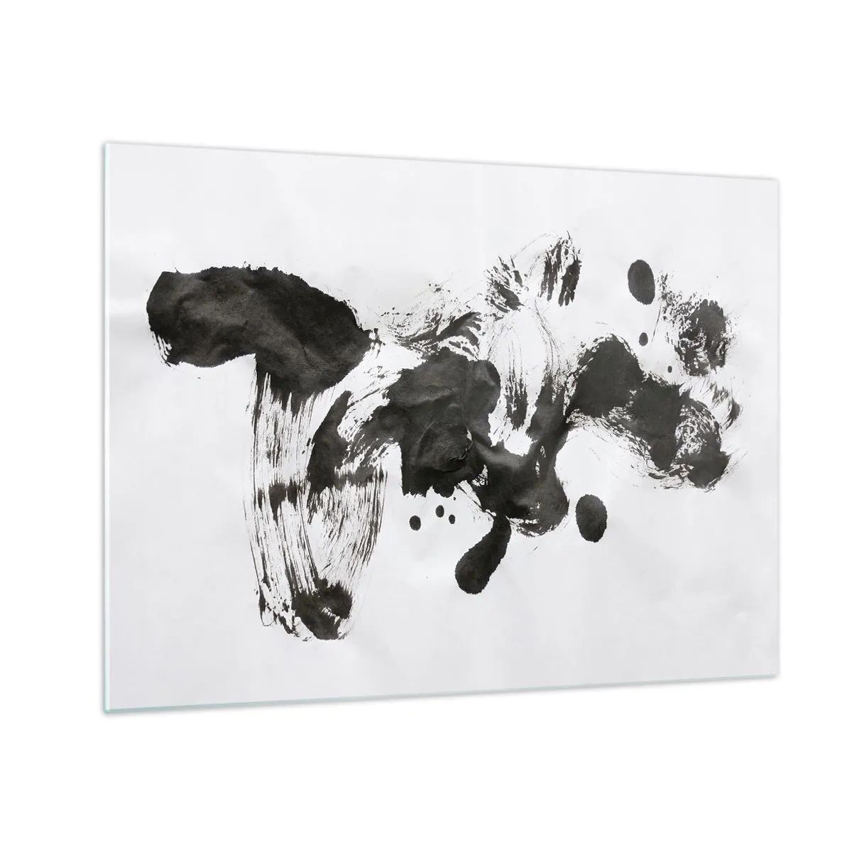 Quadro su vetro - Macchia nera astratta e pennellate su sfondo bianco - 70x50cm - C'è un senso nella follia? - Decorazione murale moderna per soggiorno e camera da letto ARTTOR