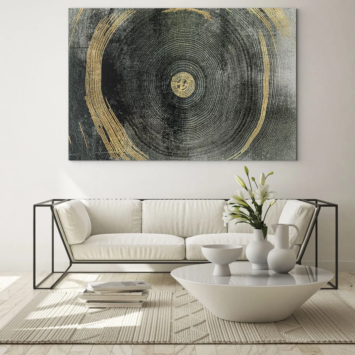 Quadro su vetro - Sezione trasversale di un tronco d'albero con dettagli e accenti dorati - 70x50cm - Cambiamento e persistenza - Decorazione murale moderna per soggiorno e camera da letto ARTTOR