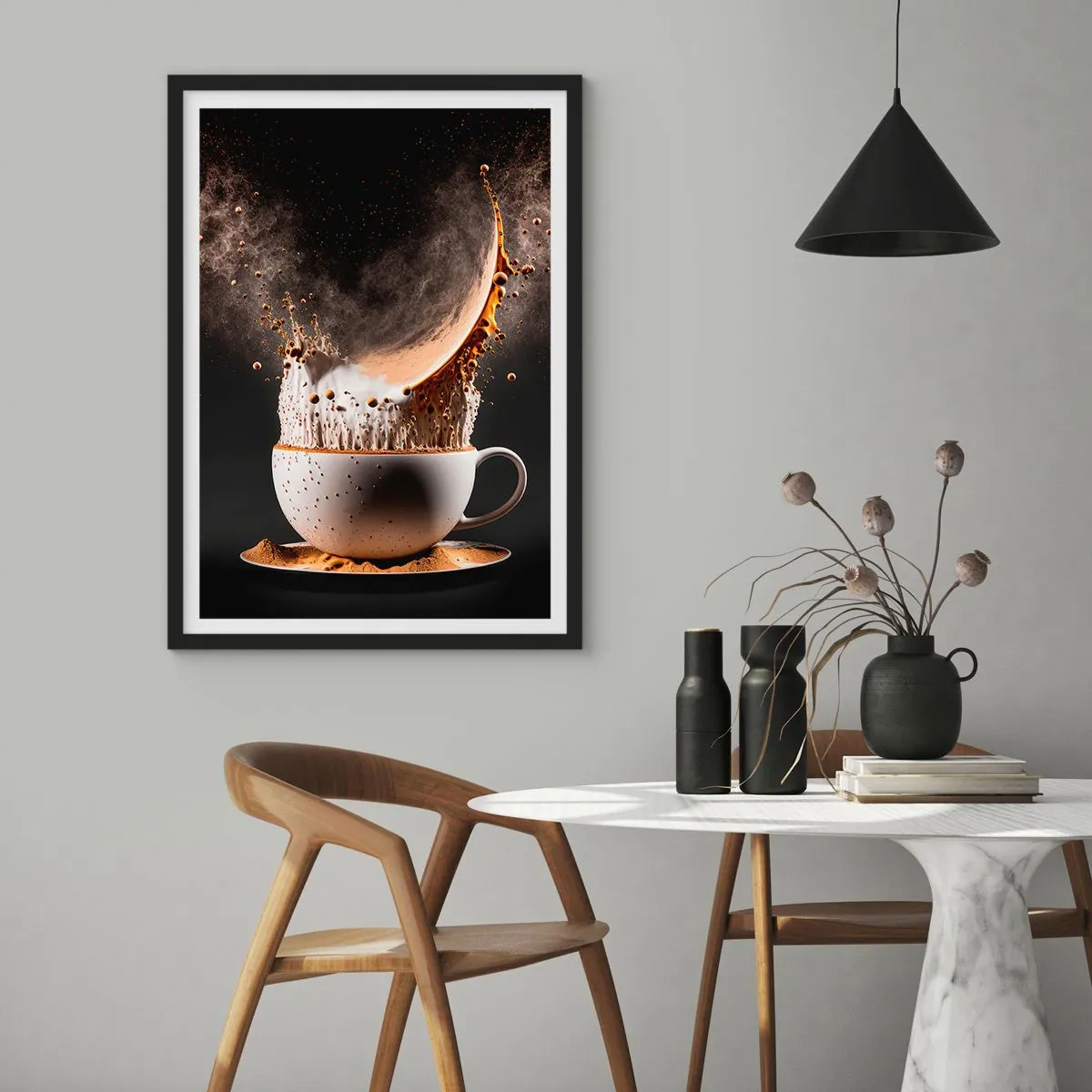 Poster in cornice nera - Un'esplosione dinamica di caffè in una tazza - 50x70cm - Esplosione di sapore - Decorazione murale moderna per soggiorno e camera da letto ARTTOR