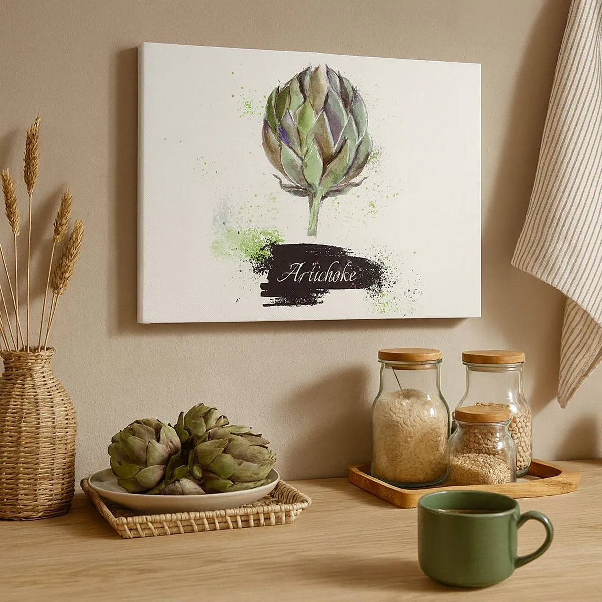 Quadro su tela - Stampe su Tela - Carciofo acquerello con testo su sfondo chiaro con accenti verdi - 70x50cm - Evviva la verdura! - Decorazione murale moderna per soggiorno e camera da letto ARTTOR